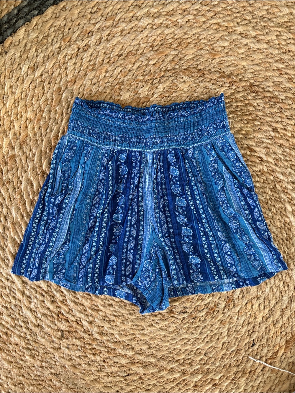 High-Waist Blue Patterned Smocked-Waist Women's Shorts